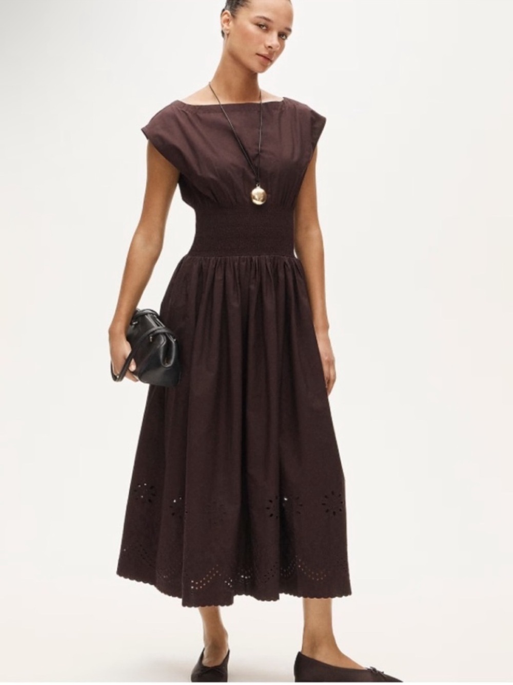NWOT J. Crew Dark Brown Smocked-Waist Midi Dress with Eyelet Hem size small